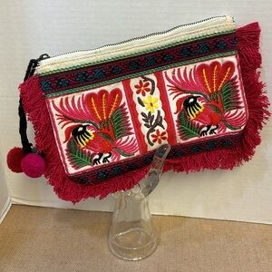 Embroidered Cotton Boho Fringed Clutch